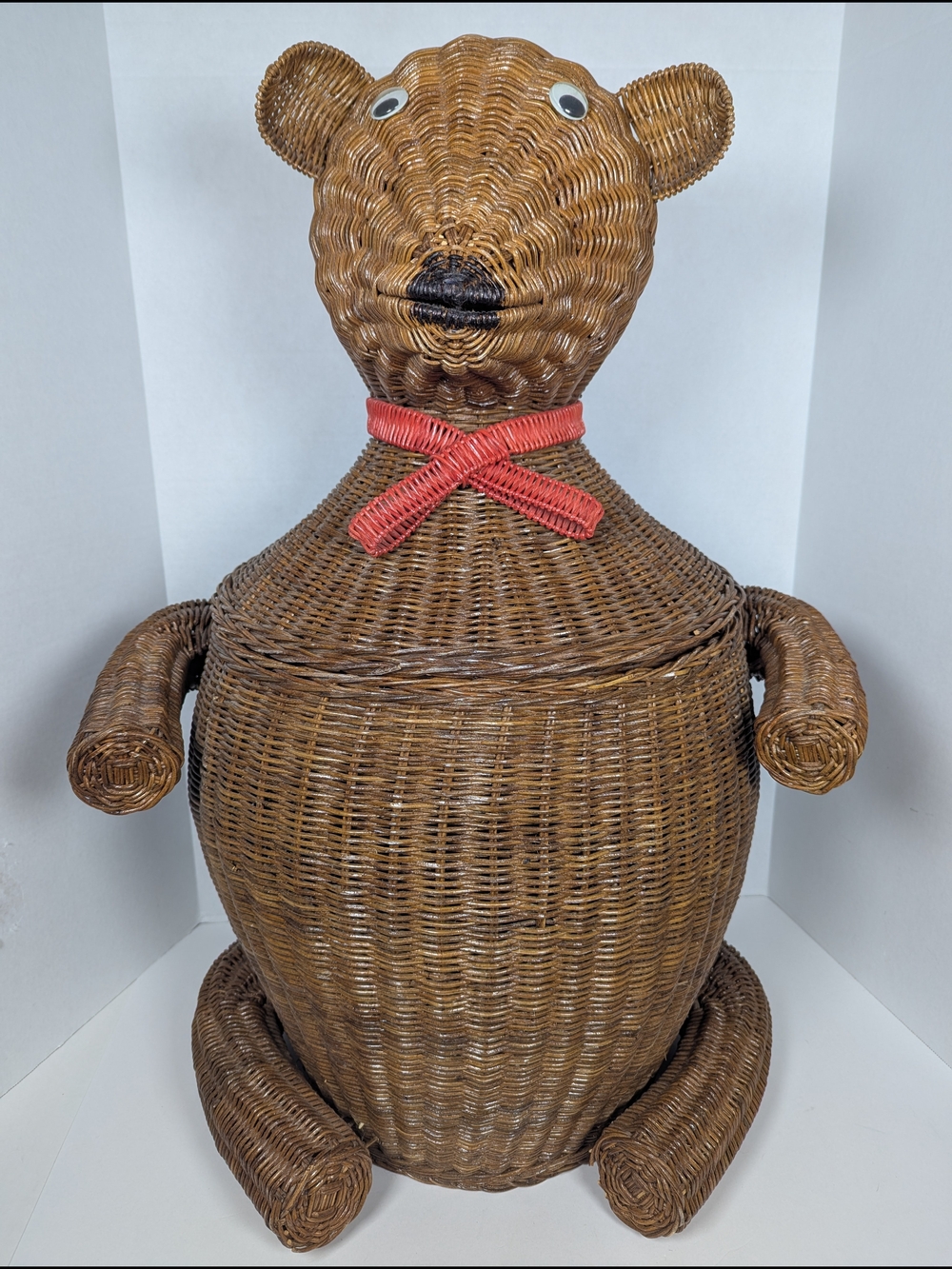 Vintage MCM Whimsical Wicker Bear Laundry Toy Hamper Storage